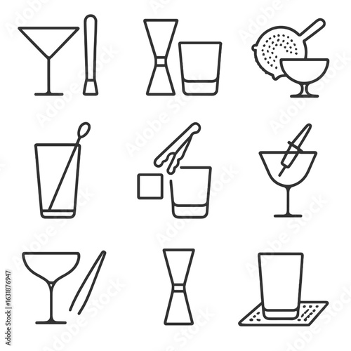 Bartender Tools Icons. Outline style icons of Bartender Tools with Glasses: cocktail glass next to muddler, jigger beside rocks