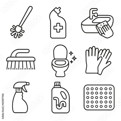 Bathroom Cleaning Icons. Outline style icons of Bathroom Cleaning: toilet brush, disinfectant bottle, sink cleaning sponge, tile