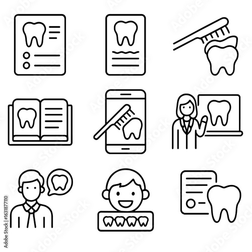Tooth Care Icons. Outline style icons of Tooth Care Education: tooth infographic, dental hygiene poster, brushing tutorial icon,