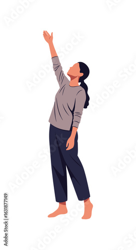Woman reaching up towards the sky. Aspiration and hope concept. Faceless character illustration isolated on a transparent background.