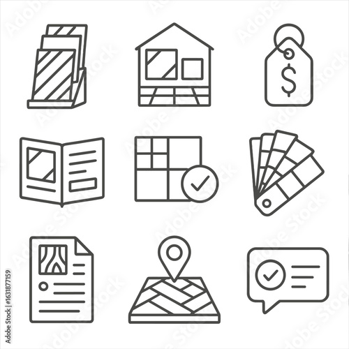 Flooring Store Icons. Outline style icons of Flooring Store and Shopping: flooring samples stand, tile showroom icon, pricing tag,