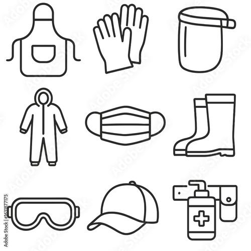 Cleaning Safety Gear Icons. Outline style icons of Cleaning Uniform and Safety: apron, safety gloves, face shield, disposable suit