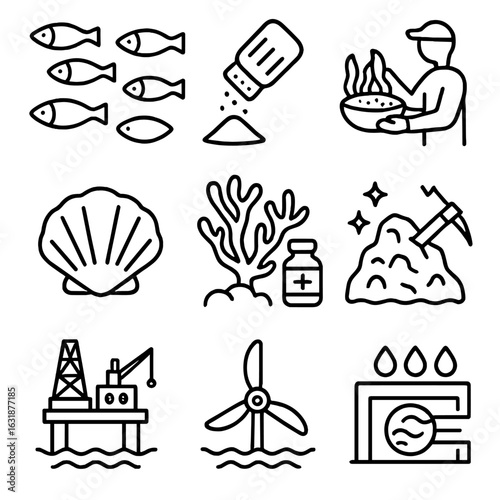 Ocean Resource Icons. Outline style icons of Ocean Resources: fish school, sea salt, seaweed harvest, shellfish, coral for