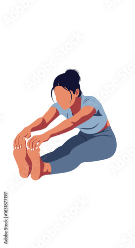 Vector illustration of a woman doing a seated forward bend yoga pose. Young female in sportswear stretching for flexibility and wellness. Minimalist fitness concept.