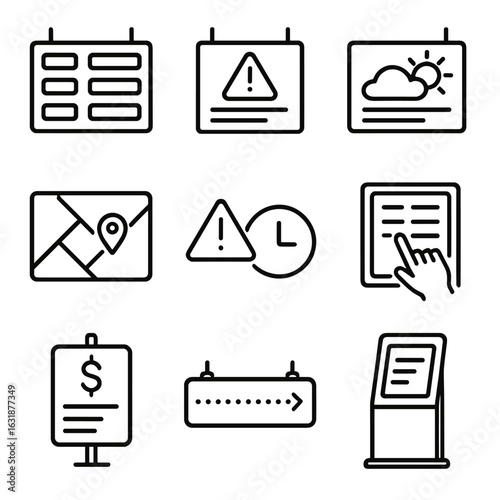 Digital Display Icons. Outline style icons of Digital Displays: next arrival screen, service update alert, weather update screen,