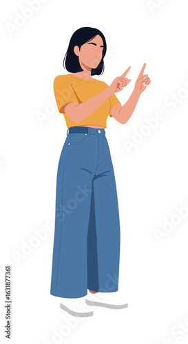 Casual young woman pointing up with index fingers. Flat vector illustration of a faceless character presenting or interacting with a virtual screen.