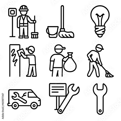 Transit Maintenance Icons. Outline style icons of Transit Stop Maintenance: cleaning crew icon, mop and bucket icon, broken light
