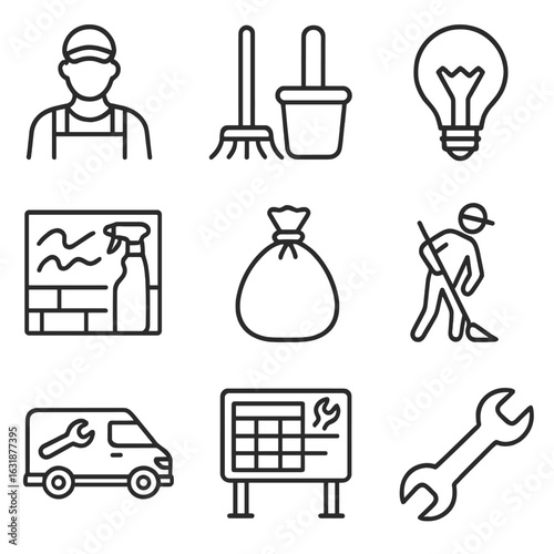 Transit Maintenance Icons. Outline style icons of Transit Stop Maintenance: cleaning crew icon, mop and bucket icon, broken light