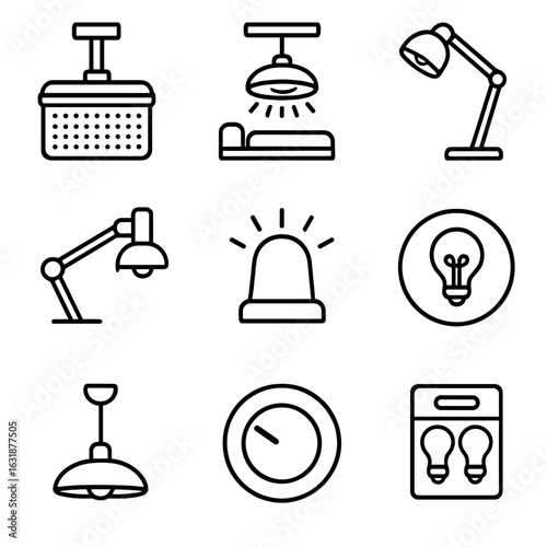 ICU Lighting Icons. Outline style icons of ICU Lighting and Visuals: ceiling LED lamp, patient spotlight, mobile lamp icon,