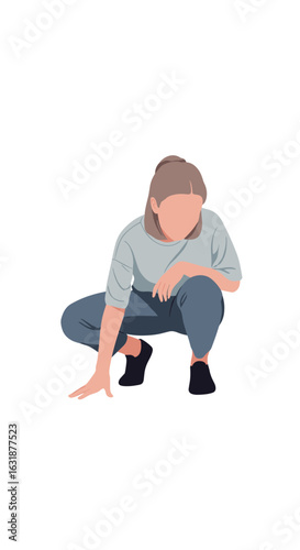 A young woman crouching down in a minimalist style. Faceless vector illustration of a person squatting and looking at the ground, isolated on white.