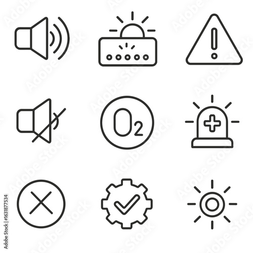 ICU Alarm Icons. Outline style icons of ICU Alarms and Indicators: high-pitch alarm symbol, light indicator panel, warning