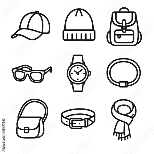 Casual Accessories Icons. Outline style icons of Casual Accessories: baseball cap, beanie, canvas backpack, sunglasses, casual