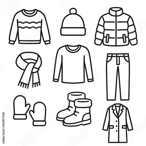 Casual Winter Wear Icons. Outline style icons of Casual Winter Wear: knit sweater, beanie, puffer jacket, wool scarf, thermal
