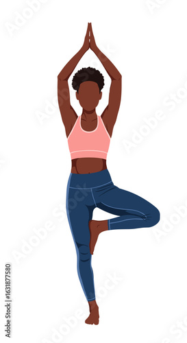 Young Black woman practicing yoga in Tree Pose. Female athlete in sportswear doing a balancing exercise. Isolated vector illustration for wellness and health concepts.