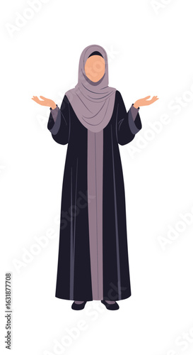 Faceless Muslim woman in hijab and abaya shrugging with open hands. Vector illustration of an Arab female character in traditional Islamic clothing.