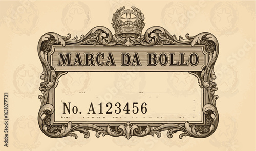 Antique Marca Da Bollo Italian stamp tax label with ornamental frame