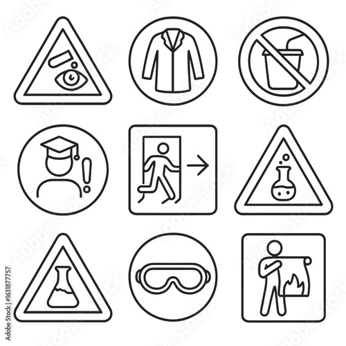 School Safety Icons. Outline style icons of School and Lab Safety Alerts: chemical splash triangle, lab coat required icon, no