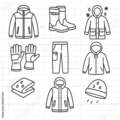 Waterproof Winterwear Icons. Outline style icons of Waterproof Winterwear: sealed zipper jacket, waterproof boots, rain-snow