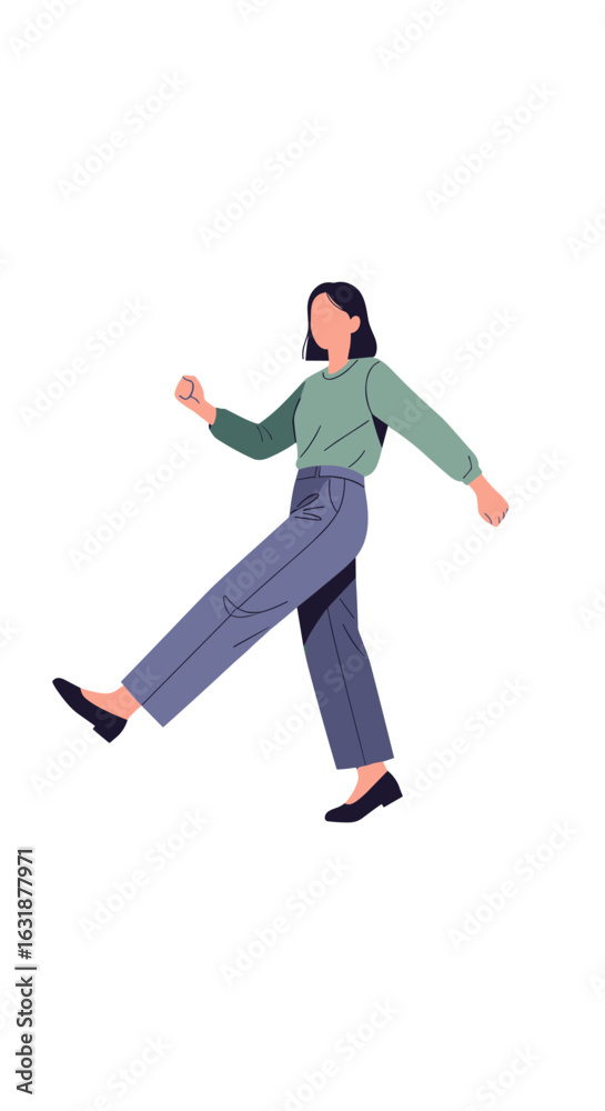 Fototapeta premium Confident woman striding forward. Modern flat vector illustration of a female character in casual attire on a transparent background.