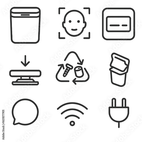 Smart Trash Bin Icons. Outline style icons of Smart trash bin: rectangular smart bin, facial recognition outline, status screen,