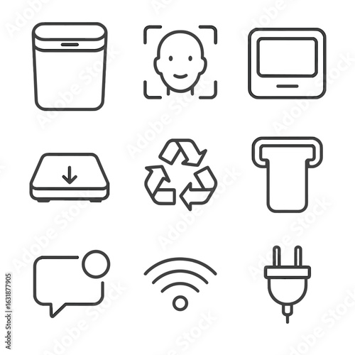 Smart Trash Bin Icons. Outline style icons of Smart trash bin: rectangular smart bin, facial recognition outline, status screen,