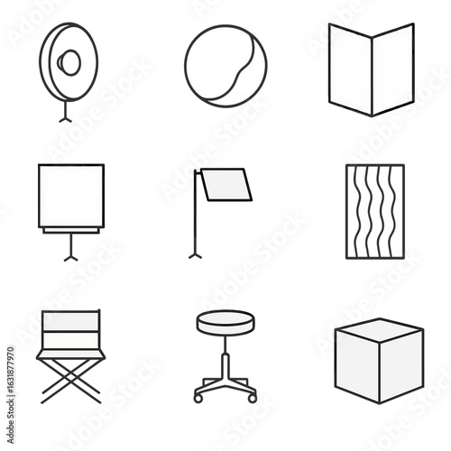 Photography Studio Icons. Outline style icons of Photography studio: Beauty dish, reflector disc, V-flat board, scrim frame, black