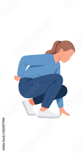 Woman crouching down. Flat vector illustration of a young female in casual clothes squatting and looking at the ground.