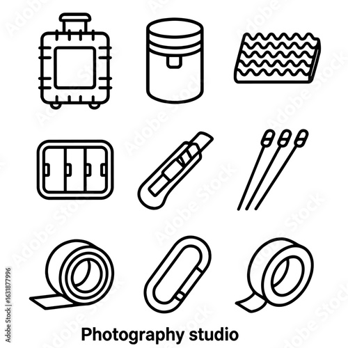 Photography Studio Icons. Outline style icons of Photography studio: Hard case trolley, padded lens case, foam insert tray,