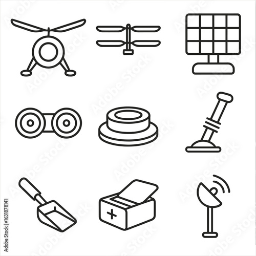 Space Robotics Icons. Outline style icons of Space and robotics: planetary aerial drone fuselage, coaxial rotor pair, solar charge