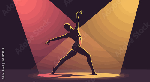 Silhouette of a dancer in an expressive pose on a stage under vibrant spotlights. Vector illustration of a modern theatrical performance and art.
