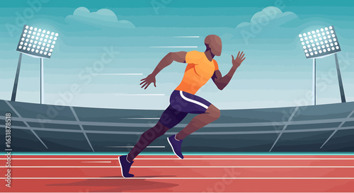 Dynamic illustration of a muscular male athlete sprinting on a red track in a stadium, showcasing speed and determination in a competitive sport.