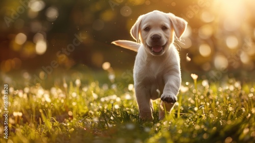 Wallpaper Mural Golden labrador puppy sprinting cheerfully through a sunlit meadow full of wildflowers Torontodigital.ca