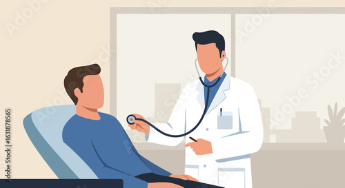 Physician using a stethoscope for a medical check-up on a male patient in a clinic. Healthcare concept.