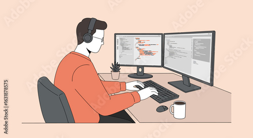 Focused developer with headphones programming at a desk with two screens. Modern vector illustration of a software engineer at work.