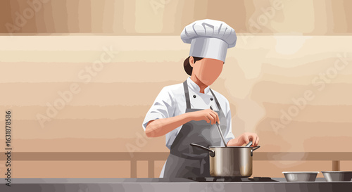 Vector illustration of a professional female chef in uniform cooking, stirring a pot in a commercial kitchen.