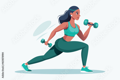 Woman doing lunges with dumbbells isolated on white background