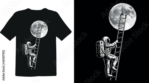 T shirt design vector art of astronaut climbing a ladder towards the moon, space exploration and adventure concept