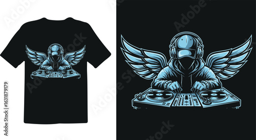 T shirt design vector art of angel dj with wings and headphones on turntables, representing electronic music and nightlife culture