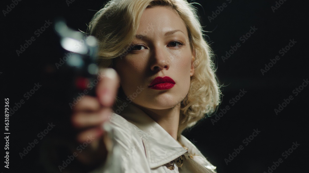 Fototapeta premium A female detective stands ready for action, her trench coat and gun in hand, her determined gaze showcasing her authority and strength in the face of danger.