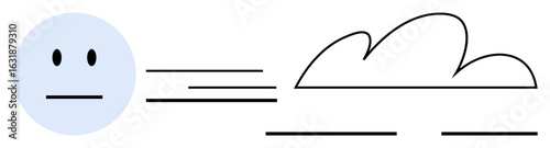Neutral face beside moving lines pointing toward a cloud, expressing mental flow or calmness. Ideal for emotion, mindfulness, simplicity, thought, introspection, focus creativity. Simple flat