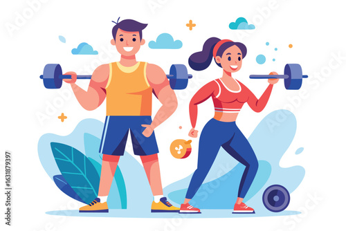 Couple lifting barbells isolated on white background