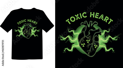 T shirt design vector art of toxic heart graphic with biohazard symbol and green glowing energy on black tshirt