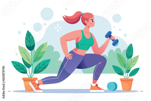 A woman is doing lunges with a dumbbell in a garden isolated on white background