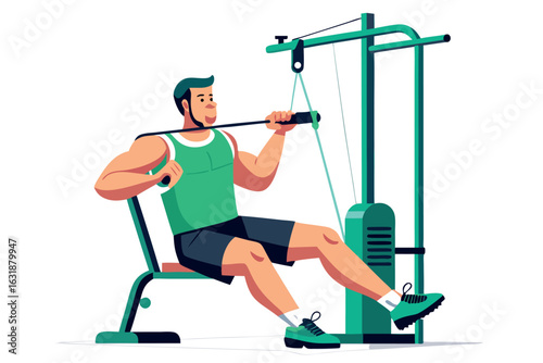 Man is doing exercise on a fitness machine isolated on white background