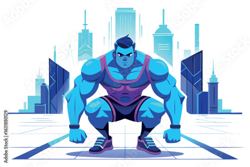 A muscular bodybuilder is squatting in the city, ready for a workout