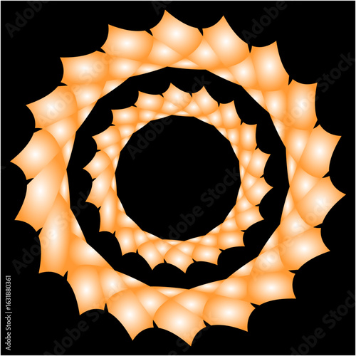 Delicate peach-hued curves weave into concentric rings, forming a glowing, web-like spiral that suggests motion, balance, and mathematical elegance.