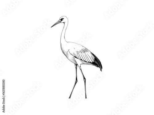 graceful black and white illustration of a whooping crane standing in shallow water, showing its tall stature, long beak, and feather details. Subtle water reflections.