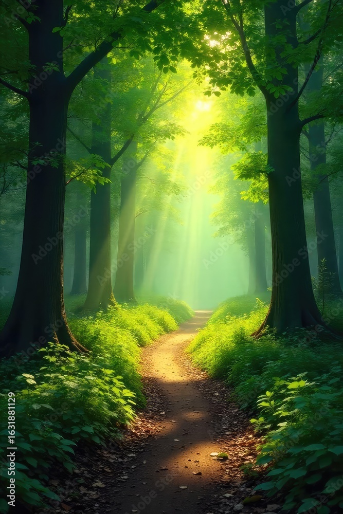 Obraz premium A sun-dappled forest path winds through lush greenery, sunlight filtering through the leaves, creating a magical atmosphere Perfect for nature, travel, and fantasy themes , nature, fall, adventure
