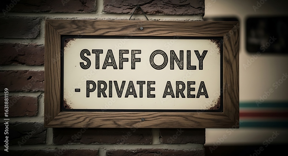 Obraz premium Rustic Wooden Sign Indicating Staff Only Private Area Hanging on Brick Wall
