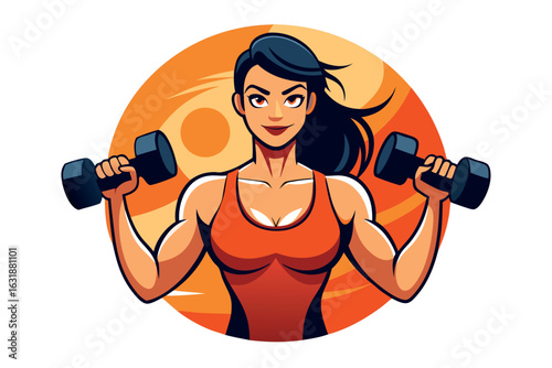 Strong woman lifting dumbbells during fitness workout isolated on white background